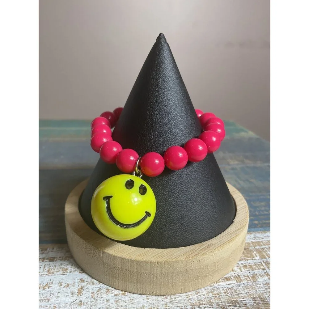 Beaded Bracelets Set Of 3 With Red Lucite Smiley Face & Flower Design